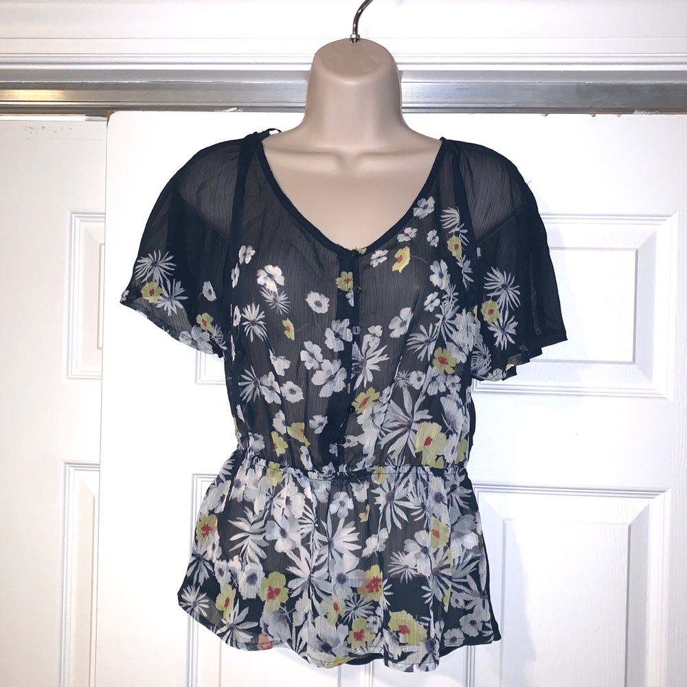 CUTE! LC Lauren Conrad sheer blue floral BLOUSE XS